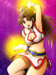  1girl arm_up armpits bare_shoulders belt breasts brown_eyes brown_hair cleavage cleavage_cutout clothing_cutout crop_top fingerless_gloves flying_dragon fujii_satoshi gloves glowing glowing_hands heart_belt high_ponytail hiryuu_no_ken large_breasts leg_up long_hair microskirt midriff min_min navel open_mouth panties pantyshot ponytail side_slit skirt sleeveless solo taut_clothes teeth thighs underwear upskirt v-shaped_eyebrows white_gloves white_panties white_skirt 