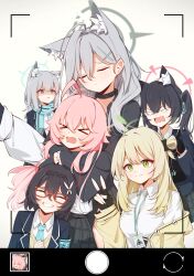  &gt;_&lt; 6+girls ^_^ absurdres ahoge animal_ears ayane_(blue_archive) black_choker blue_archive cat_ears choker closed_eyes empty_eyes extra_ears fingerless_gloves foreclosure_task_force_(blue_archive) glasses gloves halo highres hoshino_(blue_archive) hug hug_from_behind jealous looking_at_another looking_at_viewer lpleader multiple_girls nonomi_(blue_archive) red-framed_eyewear school_uniform serika_(blue_archive) shaded_face shiroko_(blue_archive) shiroko_terror_(blue_archive) teardrop user_interface v viewfinder wolf_ears  rating:General score:12 user:danbooru