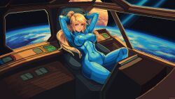  1girl blonde_hair blue_bodysuit blue_eyes bodysuit breasts cameltoe commentary covered_erect_nipples covered_navel english_commentary highres impossible_bodysuit impossible_clothes itzah large_breasts long_hair looking_at_viewer metroid mole mole_under_mouth nintendo pixel_art ponytail samus_aran skin_tight solo thighs zero_suit 