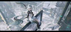  1girl arms_at_sides billboard black_cape black_hairband black_jacket black_thighhighs blue_skirt boots building cape cityscape closed_eyes closed_mouth cloud cropped_jacket dangling day facing_to_the_side firefly_(honkai:_star_rail) floating_cape floating_hair from_above hair_intakes hairband highres honkai:_star_rail honkai_(series) industrial_pipe jacket legs_together letterboxed long_bangs long_sleeves miniskirt neckerchief outdoors pleated_skirt qian_zao_tihaya scenery shirt sidelocks sign single_thighhigh sitting skirt smile solo thighhighs watermark white_footwear white_hair white_neckerchief white_shirt 