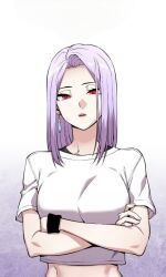 1girl crossed_arms kwon_miya long_hair looking_at_viewer open_mouth purple_hair red_eyes shirt simple_background solo very_long_hair webtoon_character_na_kang_lim white_background white_shirt yellow_eyes