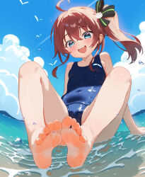  1girl :d ahoge barefoot black_ribbon blue_one-piece_swimsuit blue_sky blush breasts brown_hair cameltoe covered_navel crossed_bangs day dongchuan feet foot_focus foreshortening full_body hair_between_eyes hair_ribbon highres hololive knees_apart_feet_together knees_up legs long_hair looking_at_viewer natsuiro_matsuri ocean one-piece_swimsuit open_mouth outdoors ribbon school_swimsuit side_ponytail sitting sky small_breasts smile soles solo swimsuit toenails toes virtual_youtuber 