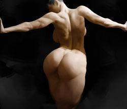 1girl ass black_background black_hair breasts commentary diathorn large_breasts muscular muscular_female nude original outstretched_arms realistic short_hair simple_background solo thick_thighs thighs toned rating:Questionable score:261 user:danbooru