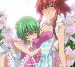  2girls apron blush breasts closed_eyes female_focus flower green_hair highres ichiban_ushiro_no_daimaou korone_(ichiban_ushiro_no_daimaou) licking multiple_girls naked_apron plant red_hair screencap soga_keena stitched suggestive_fluid third-party_edit towel white_background  rating:Questionable score:53 user:Newten