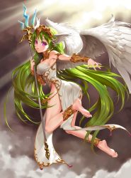  1girl angel_wings armpits ass bare_shoulders barefoot breasts cloud dress feet fishkitty flying from_behind green_hair head_wings highres jewelry legs legs_up long_hair looking_at_viewer looking_back medium_breasts original outstretched_arm pelvic_curtain polearm purple_eyes ring sideboob soles solo strapless strapless_dress toes trident vambraces very_long_hair weapon white_dress wings 