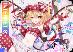  1girl absurdres apron bikini blonde_hair bow character_doll crystal crystal_wings detached_sleeves discord_logo error_message fang flandre_scarlet frilled_headwear frilled_sleeves frills hair_ornament hairclip hat hat_bow heart heart_in_eye heart_print highres internet_survivor laevatein_(tail) letter long_hair looking_at_viewer love_letter niconico one_eye_closed one_side_up open_mouth pointing polka_dot polka_dot_bikini print_bow red_bikini red_bow red_eyes remilia_scarlet rori82li shooting_star single_wrist_cuff solo stomach striped_bow striped_clothes swimsuit symbol_in_eye tail terebi-chan touhou waist_apron white_apron white_bow window_(computing) wings wrist_cuffs yin_yang youtube_logo 