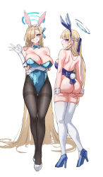  2girls absurdres ass ass_support asuna_(blue_archive) asuna_(bunny)_(blue_archive) back bare_shoulders black_pantyhose blonde_hair blue_archive blue_eyes blue_footwear blue_hair blue_ribbon blush bow bowtie breasts cleavage commentary_request detached_collar gloves grin hair_over_one_eye hair_ribbon halo high_heels highres korean_commentary large_breasts long_hair looking_at_viewer mole mole_on_breast multicolored_hair multiple_girls pantyhose rabbit_tail ribbon rodeong_r simple_background smile streaked_hair tail thighband_pantyhose thighhighs toki_(blue_archive) toki_(bunny)_(blue_archive) two-tone_hair very_long_hair white_background white_footwear white_gloves white_thighhighs 