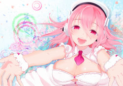  1girl :d bad_id bad_pixiv_id breasts cleavage dress frills headphones highres large_breasts nitroplus open_mouth outstretched_arms pink_eyes pink_hair smile solo super_sonico upper_body yamada_ranga  rating:Sensitive score:16 user:danbooru