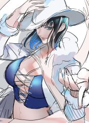  1girl black_hair blue_hair blue_shirt blunt_bangs breasts cleavage coat commentary_request cowboy_hat crop_top cross-laced_clothes cross-laced_top extra_arms fur-trimmed_coat fur_trim hand_on_headwear hat highres looking_at_viewer medium_hair nico_robin one_piece pointing pointing_at_viewer shirt sidelocks smile solo tobo_katsuo upper_body white_coat white_hat 