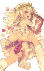  1girl absurdres anus bare_shoulders basket blonde_hair blush bridal_gauntlets censored character_request commentary_request copyright_request dress female_ejaculation feral_lemma full_body hair_between_eyes hair_ornament hair_spread_out half-closed_eyes highres holding holding_basket lace_trim leaf loli long_hair long_sleeves mosaic_censoring object_insertion open_mouth out_of_frame petals pleated_dress pussy sex_toy shadow shoes simple_background sweat tears vaginal vaginal_object_insertion white_background white_dress white_footwear wreath  rating:Explicit score:224 user:danbooru