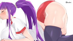  1girl artist_name ass bent_over black_thighhighs blush breasts buruma closed_eyes eiken gym_uniform highres huge_ass huge_breasts implied_fellatio misono_kirika offscreen ponytail purple_hair short_sleeves thick_thighs thighhighs thighs toudori white_background  rating:Explicit score:156 user:JustHere4Butts