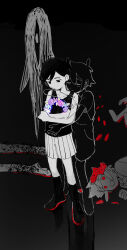 2boys absurdres bare_arms basil_(headspace)_(omori) basil_(omori) black_background black_eyes black_hair black_socks black_tank_top closed_eyes collarbone colored_skin commentary crossed_arms dual_persona english_commentary expressionless flower_wreath full_body highres holding holding_wreath hollow_body hug hug_from_behind kneehighs limited_palette male_focus mdmdmdmd23eng multiple_boys omori omori_(omori) outline short_hair shorts socks something_(omori) squiggle standing striped_clothes striped_shorts tank_top transparent white_outline white_shorts white_skin 