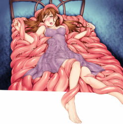  1girl blush brown_hair comiket dress medium_hair okano_hajime on_bed open_mouth original slime_(substance) tentacles tentacles_under_clothes tongue 