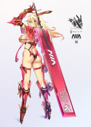  1girl armor ass bikini_armor blonde_hair blue_eyes boots breasts figure_available from_behind gauntlets greatsword high_heel_boots high_heels highres holding holding_sword holding_weapon large_breasts logo long_hair mechanical_ears original sideboob solo sword takamine_nadare weapon 