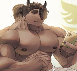  1boy abs absurdres adkt animal_ears bara black_nails braid brown_hair catoblepas_(housamo) closed_mouth furry furry_male hair_over_one_eye highres holding holding_phone horns huge_pectorals light_blush looking_at_viewer male_focus muscular muscular_male nipples phone ponytail quads solo thick_arms thick_neck tokyo_houkago_summoners topless_male upper_body 