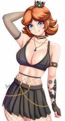  1girl alternate_costume anisdrawn black_choker black_skirt blue_eyes breasts chain choker cleavage collarbone cowboy_shot crop_top ear_piercing earrings eyeshadow fishnet_pantyhose fishnets goth_fashion highres jewelry large_breasts makeup mario_(series) midriff navel necklace nintendo orange_hair pantyhose piercing pleated_skirt princess_daisy simple_background skirt solo standing stomach super_mario_galaxy tattoo thighs white_background  rating:Sensitive score:30 user:BIMBO_BREAD