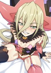  1girl blonde_hair female_pubic_hair green_eyes hat looking_at_viewer magilou_(tales) on_bed pubic_hair solo syunzou tales_of_(series) tales_of_berseria witch_hat 