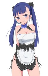 1girl apron arms_behind_back bare_shoulders black_panties black_ribbon blue_bow blue_bowtie blue_eyes blue_hair blunt_bangs blush bow bowtie breasts bubukka buttons character_request cleavage cleavage_cutout closed_mouth clothing_cutout cowboy_shot dream_c_club dream_c_club_(series) dream_c_club_gogo. dress frilled_apron frills hair_ribbon halterneck headset hostess large_breasts legs_apart light_smile long_hair looking_at_viewer looking_to_the_side lowleg lowleg_panties maid_apron medium_breasts naughty_face panties panty_straps ribbon rinrin_(dream_c_club_gogo.) sash short_dress side-tie_panties side_slit simple_background skindentation smile solo standing straight_hair string_panties taut_clothes twintails underwear waist_apron white_background rating:Sensitive score:56 user:danbooru