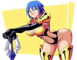 1girl absurdres aqua_(kingdom_hearts) armor ass bent_over blue_eyes blue_hair breasts cleavage elbow_gloves female_focus gloves highres keyblade kingdom_hearts kingdom_hearts_birth_by_sleep large_breasts looking_at_viewer matching_hair/eyes navel ravenravenraven short_hair solo square_enix thighhighs toon_(style) 
