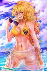 1girl abs agentwhitehawk bikini blonde_hair breasts cleavage costume curvy highres large_breasts long_hair looking_at_viewer navel open_mouth purple_eyes rwby smile solo standing swimsuit wide_hips yang_xiao_long rating:Questionable score:27 user:redlight1