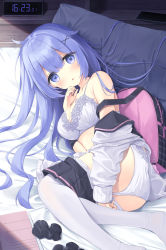 1girl ass azur_lane backpack bag bare_shoulders bed_sheet black_sailor_collar black_skirt bra breasts cardigan cleavage clock clothes_pull commentary_request digital_clock hair_ornament hand_up highres long_hair long_sleeves looking_at_viewer lying medium_breasts on_side panties pantyhose pantyhose_pull parted_lips pillow pleated_skirt purple_eyes purple_hair sailor_collar satsuki_yukimi skirt skirt_pull sleeves_past_wrists solo underwear unicorn_(azur_lane) unicorn_(long-awaited_date)_(azur_lane) very_long_hair white_bra white_cardigan white_panties white_pantyhose x_hair_ornament rating:Sensitive score:28 user:danbooru