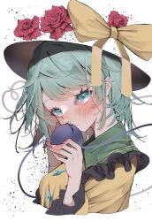  1girl bow green_eyes hat hat_bow komeiji_koishi looking_at_viewer simple_background solo touhou tsune_(tune)  rating:General score:0 user:victusr34