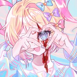  1girl blonde_hair blood blood_on_face blue_bow blue_eyes blue_hair bow chouzetsusaikawa_tenshi-chan commentary_request hair_bow hands_up heart heart_hands heart_hands_over_eye holographic_clothing korean_commentary long_hair long_sleeves looking_at_viewer mew_(mewrurirun) multicolored_hair multicolored_nails multiple_hair_bows nail_polish needy_girl_overdose one_eye_covered open_mouth pink_bow pink_hair portrait purple_bow quad_tails sailor_collar smile solo 