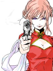  1girl aged_up aiming aiming_at_viewer blue_eyes breasts china_dress chinese_clothes cleavage cleavage_cutout clothing_cutout double_bun dress gintama grin gun hair_bun handgun holding holding_gun holding_weapon kagura_(gintama) looking_at_viewer lowres medium_breasts nail_polish parted_lips pistol purple_eyes red_china_dress red_dress red_hair red_nails scarf simple_background smile solo upper_body weapon white_background  rating:Sensitive score:9 user:danbooru