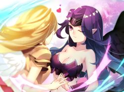 2amier 2girls ;) armor bare_shoulders black_wings blonde_hair blurry bracelet bracer breasts cleavage closed_mouth collarbone couple depth_of_field eye_contact female_focus headband heart holding_hands incest interlocked_fingers jewelry kayle_(league_of_legends) large_breasts league_of_legends long_hair looking_at_another matching_hair/eyes midriff morgana_(league_of_legends) multiple_girls navel neck one_eye_closed pauldrons pointy_ears purple_eyes purple_hair shoulder_armor siblings sisters smile strapless tiara upper_body white_wings wings wink yuri rating:Sensitive score:8 user:danbooru