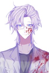  1boy black_shirt blood blood_on_clothes blood_on_face blue_eyes chinese_commentary closed_mouth collarbone colored_lineart commentary_request glasses highres kanou_aogu lab_coat looking_at_viewer male_focus medium_hair open_clothes portrait rectangular_eyewear saibou_shinkyoku semi-rimless_eyewear shi_yuan shirt simple_background smile solo white_background white_hair 