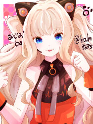  1girl :3 animal_ears blonde_hair blue_eyes cat_ears collared_shirt highres kalm3535 long_hair looking_at_viewer mechanical_ears neck_ribbon open_mouth ribbon seeu shirt sleeveless sleeveless_shirt smile solo two_side_up upper_body vocaloid wrist_cuffs 