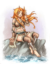  1girl alternate_costume armlet armor barbarian bare_shoulders barefoot belt black_belt border breasts commentary crossed_legs english_commentary feet fingernails freckles fur_armlet fur_trim grey_sky hand_on_floor hanging_legs leather_armor leather_belt les_chevaucheurs loincloth long_neck looking_to_the_side maxa&#039; medium_breasts messy_hair midriff navel ocean on_floor orange_hair parted_lips phenice_walholl scar scar_on_leg shin_guards shore sitting sky solo toenails vambraces warrior waves white_background white_border wind yellow_eyes 