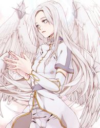  1girl blue_eyes highres lemonspace long_hair solo white_hair white_wings wings 