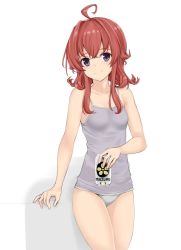 1girl ahoge alternate_costume arashi_(kancolle) bad_id bad_twitter_id bare_shoulders beer_can breasts can cowboy_shot drink_can grey_panties head_tilt holding holding_can kantai_collection looking_at_viewer nn_tasu panties purple_eyes red_hair small_breasts smile solo underwear underwear_only white_background rating:Questionable score:7 user:danbooru