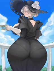  1girl artist_name artsheops ass black_dress black_hat blue_eyes blue_sky breasts cleavage closed_mouth cogita_(pokemon) cowboy_shot creatures_(company) cup day dress from_behind game_freak gloves grey_hair hair_over_one_eye hat holding holding_cup huge_ass large_breasts looking_back nintendo outdoors pantylines pokemon pokemon_legends:_arceus pov sky smile solo standing teacup white_gloves 