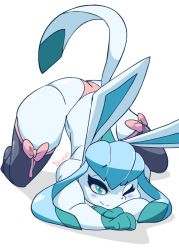  1girl alternate_color animal_ears arched_back black_thighhighs blue_hair blue_skin blush colored_skin creatures_(company) diives female_focus furry furry_female game_freak gen_4_pokemon glaceon green_eyes lying nintendo no_humans on_stomach one_eye_closed panties personification pink_panties pokemon pokemon_(creature) pokemon_dppt shiny_clothes shiny_skin smile solo string_panties tail thighhighs topless underwear  rating:Questionable score:126 user:Umetsu