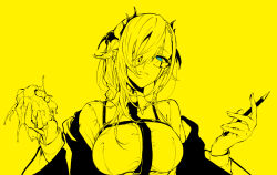  1girl blue_eyes breasts coat collared_shirt glasses hair_over_one_eye head_wings highres holding holding_pen horizontal_pupils indie_virtual_youtuber large_breasts long_hair mole mole_under_mouth necktie off_shoulder pen pochi_(pochi-goya) pochimaru_(vtuber) shirt solo teardrop_facial_mark upper_body virtual_youtuber wings yellow_theme 