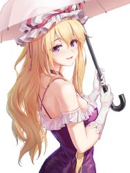  1girl absurdres blonde_hair highres holding holding_umbrella minust smile solo touhou umbrella yakumo_yukari 