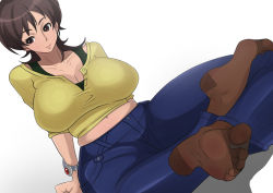 1girl amaha_masane bad_id bad_pixiv_id belly breasts brown_eyes brown_hair brown_pantyhose cleavage denim fashion feet huge_breasts jeans long_hair mature_female midriff navel no_shoes pants pantyhose pantyhose_under_trousers plump shiva_(tairakuten) simple_background soles solo toes white_background witchblade rating:Sensitive score:74 user:danbooru