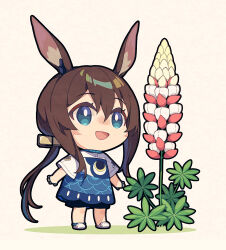 1girl :d amiya_(arknights) animal_ear_fluff animal_ears arknights black_shorts blue_eyes blue_skirt brown_background brown_hair chibi colored_shadow flower full_body hair_between_eyes jewelry open_mouth rabbit_ears ring saipaco shadow shirt shoes short_sleeves shorts shorts_under_skirt simple_background skirt smile solo standing white_flower white_footwear white_shirt wide_sleeves 
