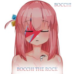  1girl absurdres album_cover_redraw bimbombash bocchi_the_rock! closed_eyes copyright_name cosplay cube_hair_ornament david_bowie david_bowie_(cosplay) derivative_work facepaint facing_viewer gotoh_hitori hair_ornament highres pink_hair simple_background solo upper_body white_background 