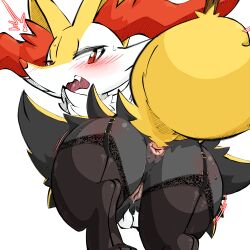  1girl ^^^ absurdres animal_ear_fluff animal_ears animal_feet animal_nose animal_vagina anus ass black_fur black_thighhighs blush body_fur braixen canine_pussy clothed_pokemon creatures_(company) embarrassed fang female_focus fox_ears fox_girl fox_tail from_behind furry furry_female game_freak garter_straps gen_6_pokemon highres looking_back looking_down motion_lines multicolored_fur nintendo open_mouth pokemon pokemon_(creature) pussy pussy_juice red_eyes red_leopard simple_background snout solo stick sweat tail thick_thighs thighhighs thighs white_background white_fur yellow_fur 
