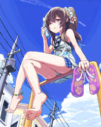 1girl anklet bare_legs bare_shoulders barefoot blush_stickers brown_hair casual day drink feet female_focus flip-flops foot_focus from_below glasses holding holding_shoes jewelry legs crossed_legs long_hair looking_at_viewer original ponytail ring saitou_teikoku sandals shoes unworn_shoes shorts sitting sky soles solo sweat toes rating:Sensitive score:154 user:danbooru
