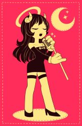  1girl alice_(bendy_and_the_ink_machine) bendy_and_the_ink_machine black_hair breasts gloves halo high_heels highres horns legs luvruby music singing thighhighs  rating:Sensitive score:5 user:twilight_jester