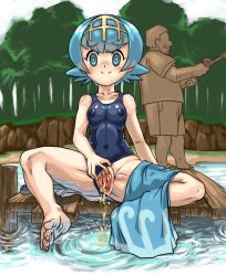 1boy 1girl barefoot blue_eyes blue_hair blue_one-piece_swimsuit blue_pants blush breasts capri_pants clitoris clothing_aside collarbone covered_erect_nipples covered_navel creatures_(company) feet fisher_(pokemon) fishing_rod full_body game_freak hair_ornament headband lana_(pokemon) loli looking_at_viewer matching_hair/eyes nintendo npc_trainer one-piece_swimsuit outdoors pants pants_around_one_leg pee peeing pier pokemon pokemon_sm presenting pussy shirt short_hair sitting small_breasts smile solo_focus spread_legs spread_pussy standing swimsuit swimsuit_aside takane_(lovehatsune) third-party_edit toes tree uncensored unworn_shirt urethra water white_shirt rating:Explicit score:34 user:AngryZapdos
