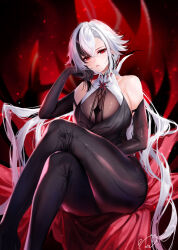  1girl alternate_costume arlecchino_(genshin_impact) bare_shoulders black_eyes black_gloves black_hair crossed_legs elbow_gloves feet_out_of_frame genshin_impact gloves head_rest highres long_hair looking_at_viewer mixed-language_commentary multicolored_hair obiwan parted_lips red_pupils signature sitting solo streaked_hair thighs very_long_hair weisuoxin white_hair 