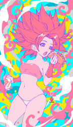  1girl bandeau bare_legs bare_shoulders breasts caulifla collarbone dragon_ball dragon_ball_super drinking_straw eating food highres holding holding_food hot_dog kanchiyo long_hair medium_breasts midriff navel no_pants open_mouth panties pink_bandeau red_hair solo spiked_hair standing stomach strapless underwear white_panties 