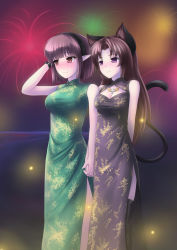 2girls animal_ears arm_up bare_shoulders blush brown_eyes brown_hair cat_ears cat_tail china_dress chinese_clothes cross dress fireworks hairband image_sample interlocked_fingers jewelry light_particles long_hair multiple_girls necklace night original pointy_ears purple_eyes red_eyes ricegnat side_slit smile tail thighhighs watch wings yuri rating:Sensitive score:28 user:danbooru