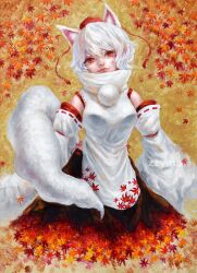  1girl :3 animal_ears autumn_leaves black_skirt breasts detached_sleeves hat highres inubashiri_momiji japanese_clothes johnalay layered_clothes layered_shirt layered_sleeves leaf leaf_print long_sleeves looking_at_viewer medium_breasts medium_hair painting_(medium) pom_pom_(clothes) red_eyes red_hat shirt skirt smile swept_bangs tail tokin_hat touhou traditional_media turtleneck wavy_hair white_fur white_hair white_shirt white_sleeves wolf_ears wolf_girl wolf_tail 
