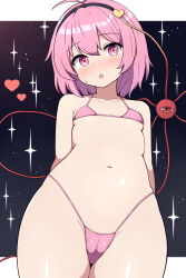  1girl bare_arms bare_legs bare_shoulders bikini black_hairband blush cameltoe cleft_of_venus cowboy_shot eyeball flat_chest hair_ornament hairband heart heart_hair_ornament highres komeiji_satori looking_at_viewer navel open_mouth pink_bikini pink_eyes pink_hair rizento short_hair solo swimsuit third_eye touhou  rating:Questionable score:65 user:danbooru